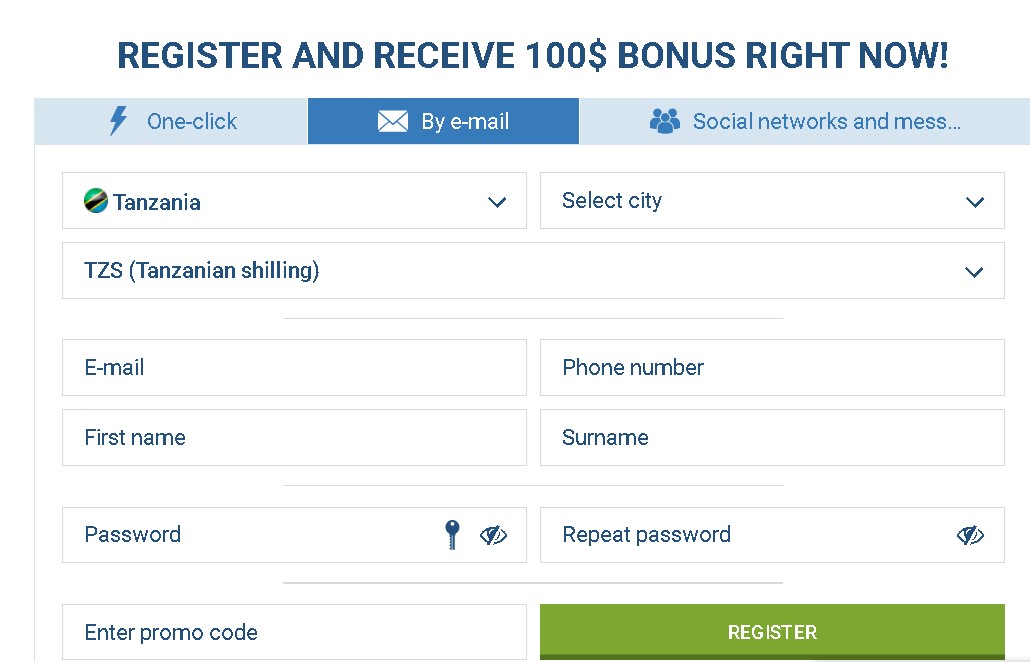 1xBet register Email